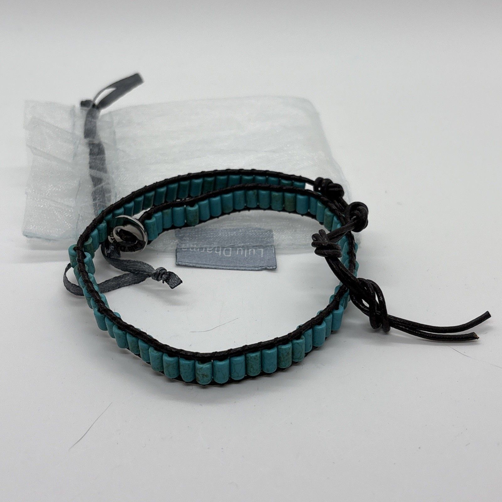 Lulu Dharma Faux Turquoise And Brown Leather Wrap Bracelet Approx 15”